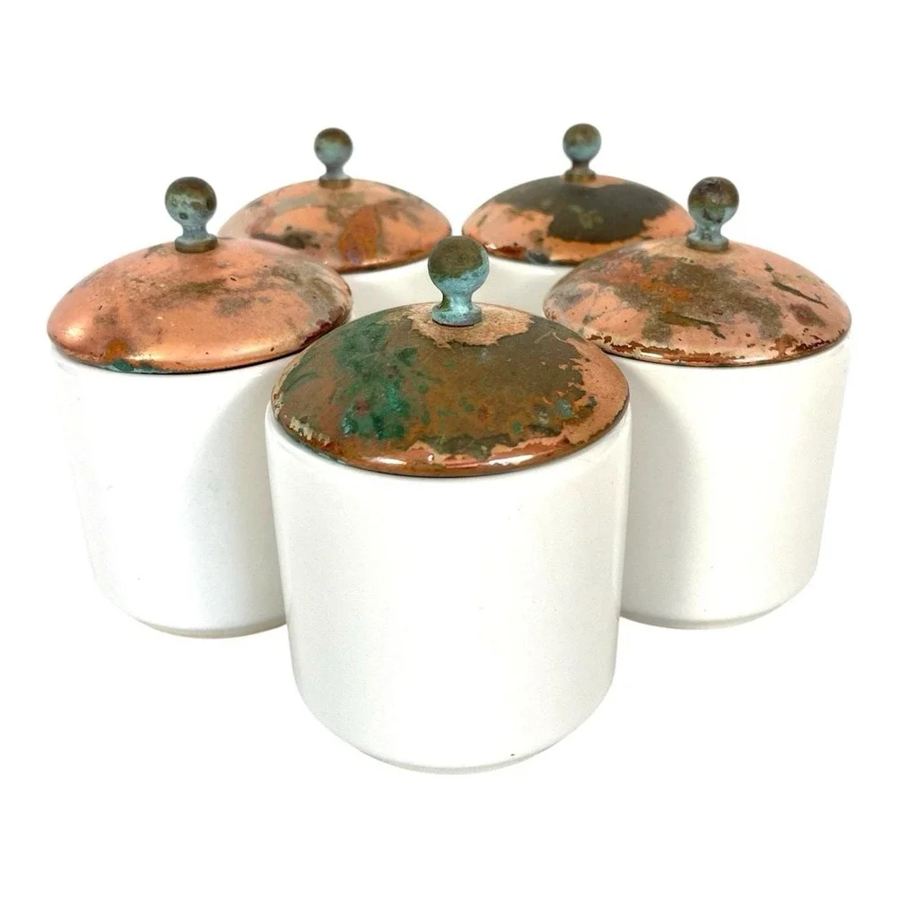 Vintage‎ White Ceramic Mini Canister Copper Lid Rustic Farmhouse Decor